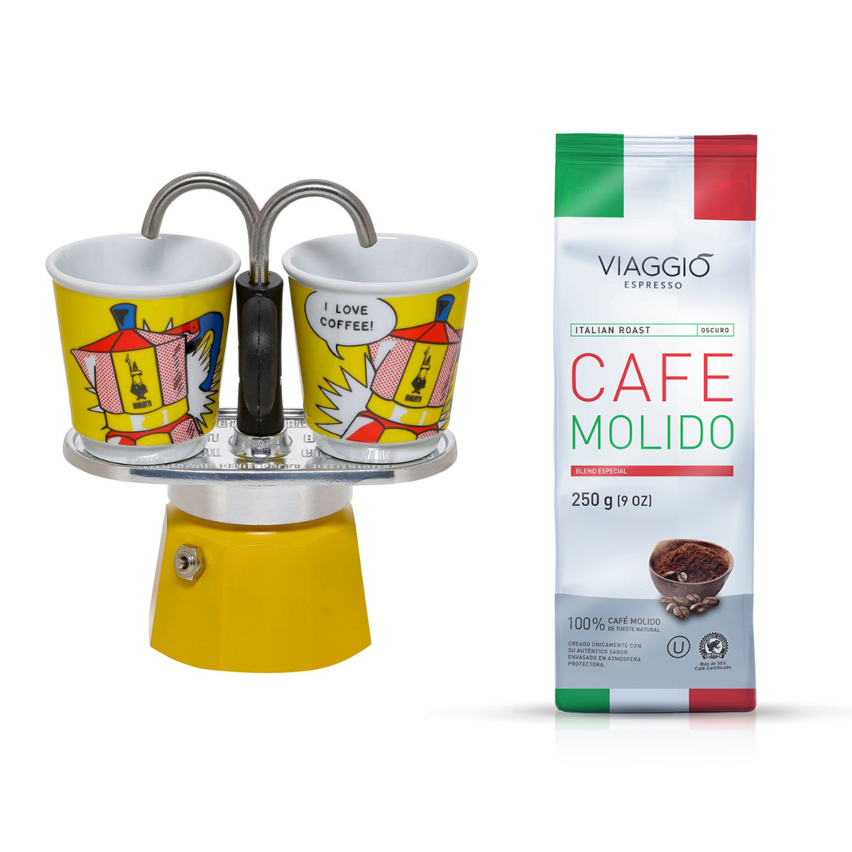 Combo Cafetera Bialetti Moka Mini Express Lichtenstein 2 tazas + Italian Roast 250 gr. de Café Molido