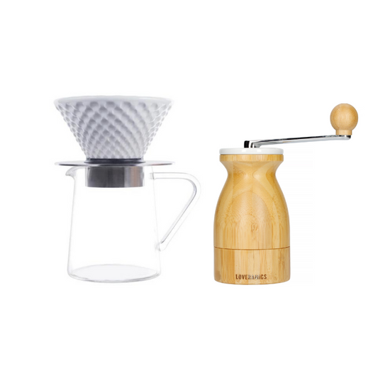 Loveramics Kit: Dripper strong white + metal support + tall jug 500 ml + manual grinder